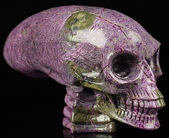 4.9" Stichtite and Serpentine Carved Crystal Elongated Mayan Alien Skull & Spine, Realistic