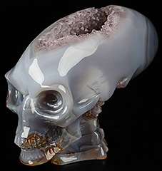 4.6" Agate Amethyst Geode Carved Crystal Elongated Mayan Alien Skull & Spine, Realistic