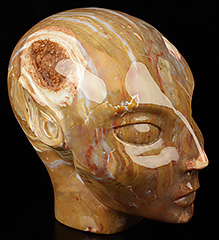 4.2" Petrified Wood Carved Fairy Elf Alien Crystal Skull Companion Sculpture, Crystal Healing Crystal Skull
