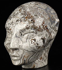 1.7" Crazy Lace Agate Carved Fairy Elf Alien Crystal Skull Companion Sculpture, Crystal Healing