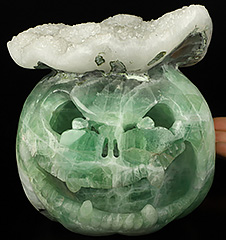 Happy Halloween 6.5" Fluorite Carved Crystal Pumpkin Skull, Crystal Healing