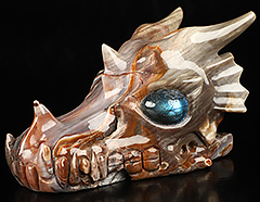 5.2" Petrified Wood Carved Crystal Dragon Head Skull & Labradorite Eyes, Crystal Healing