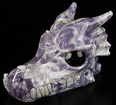 5.2" Dream Chevron Amethyst Carved Crystal Dragon Skull with Black Obsidian Eyes, Crystal Healing