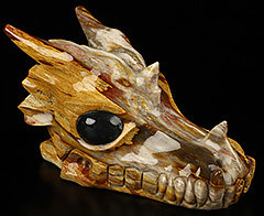 5.3" Petrified Wood Carved Crystal Dragon Skull with Black Obsidian Eyes, Crystal Healing
