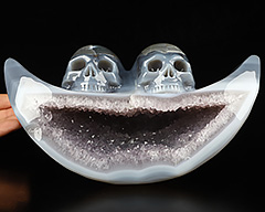 8.0" Agate Amethyst Geode Carved Crystal Double Skulls & Moon, Crystal Healing
