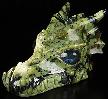 5.2" Hiso Jasper Carved Crystal Dragon Skull with Labradorite Eyes, Crystal Healing