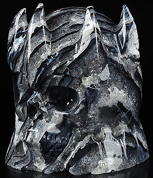 4.7" Black Zebra Agate Carved Crystal King Skull Sculpture, Realistic