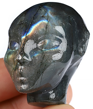 1.7" Labradorite Carved Fairy Elf Alien Crystal Skull Companion Sculpture, Crystal Healing