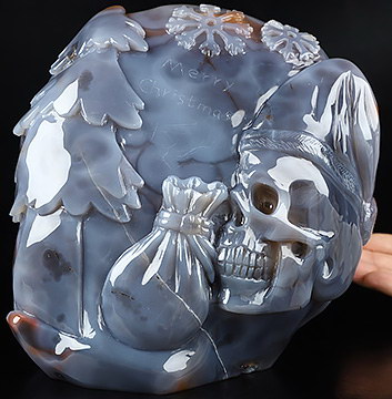 Happy Christmas 7.7" Agate Carved Crystal Skull Sculpture, Crystal Healing