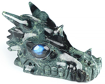 5.1" Kambaba Jasper Carved Crystal Dragon Skull & Labradorite Eyes, Crystal Healing