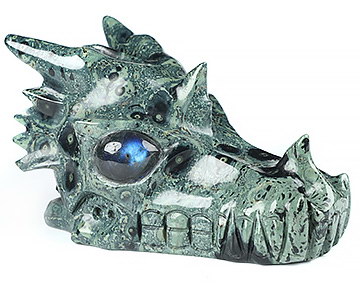 5.1" Kambaba Jasper Carved Crystal Dragon Skull & Labradorite Eyes, Crystal Healing