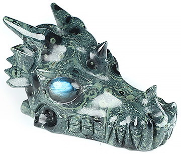 5.1" Kambaba Jasper Carved Crystal Dragon Skull with Labradorite Eyes, Crystal Healing