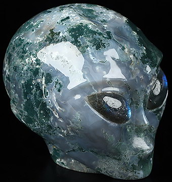 4.1" Green Moss Agate Crystal Skull Companion with Labradorite Eyes， Star Being Female Alien Reiki Healing Stone Statue