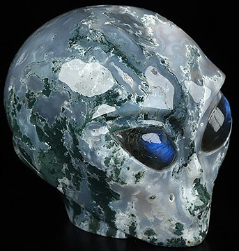 4.1" Green Moss Agate Crystal Skull Companion with Labradorite Eyes， Star Being Female Alien Reiki Healing Stone Statue