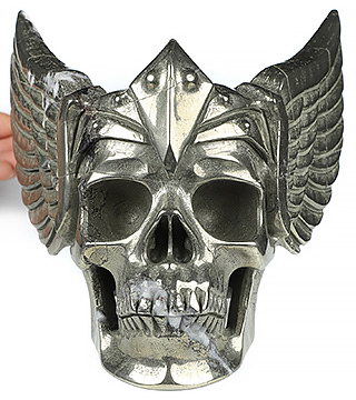 5.9" Pyrite Hand Carved Guardian Crystal Skull Sculpture, Crystal Healing
