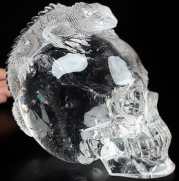 6.4" Quartz Rock Crystal Hand Carved Crystal Skull&Lizard Fine Art Sculpture, Crystal Healing