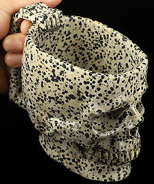 10.6 OZ, 6.3" Dalmatian Jasper Hand Carved Crystal Skull Cup, Crystal Healing