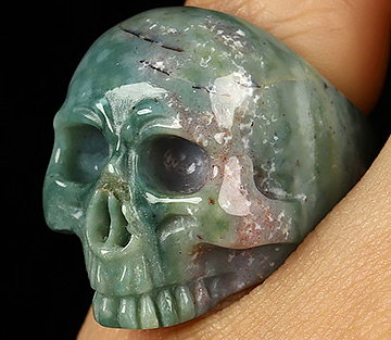 Green Moss Agate Hand Carved Crystal Skull Ring, Skull Jewelry