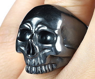 US Size 9.5 Hematite Hand Carved Crystal Skull Ring, Skull Jewelry