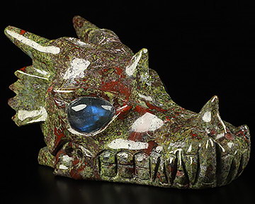 5.1" Dragon Blood Jasper Hand Carved Crystal Dragon Skull with Labradorite Eyes Sculpture, Crystal Healing
