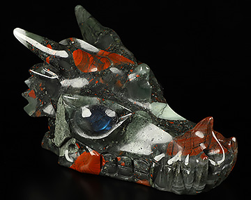 5.2" African Bloodstone Hand Carved Crystal Dragon Skull with Labradorite Eyes Sculpture, Crystal Healing