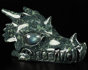 5.1" Kambaba Jasper Hand Carved Crystal Dragon Skull with Labradorite Eyes Sculpture, Crystal Healing