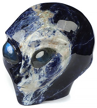 4.1" Sodalite Star Being Female Alien Crystal Skull Companion With Labradorite Eyes, Hand Carved Gemstone Fine Art Sculpture, Reiki Healing Stone Statue