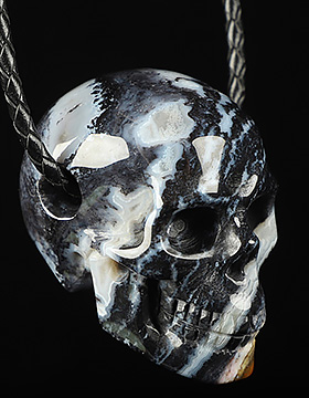 Necklace of 2.0" Black Zebra Agate Hand Carved Crystal Skull Pendant, Skull Jewelry