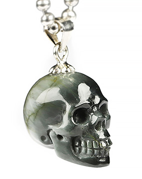 Necklace of 0.6" Hawk's Eye Hand Carved Crystal Skull Pendant, Skull Jewelry