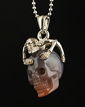 Gemstone Necklace of 1.2" Mozambique Agate Hand Carved Crystal Skull Pendant, Skull Jewelry