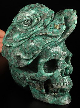 Gemstone 5.2" Emerald Carved Crystal Skull & Flower, Crystal Healing