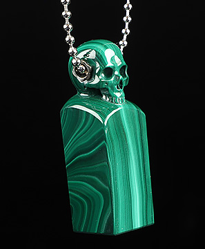 Gemstone Malachite & 925 Sterling Silver Carved Crystal Skull Pendant with 925 Sterling Silver