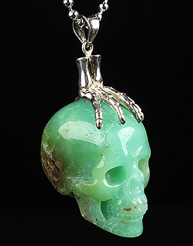 Gemstone Chrysoprase & 925 Sterling Silver Carved Crystal Skull with 925 Sterling Silver Bones Pendant