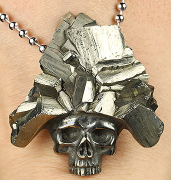 Metalic luster Pyrite Druse Carved Crystal Skull Pendant, Gemstone