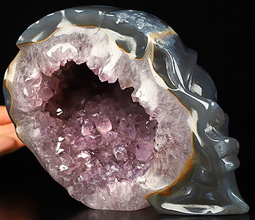 Amazing Huge 6.8" amethyst agate geode Star Being Female Alien Crystal Skull Companion, Hand Carved Gemstone Fine Art Sculpture, Reiki Healing Stone Statue