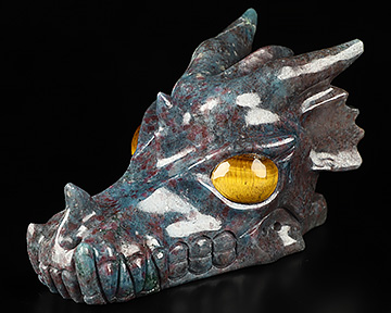5.1" Ruby kyanite Hand Carved Crystal Dragon Skull with Gold Tiger's Eye Eyes Sculpture, Crystal Healing