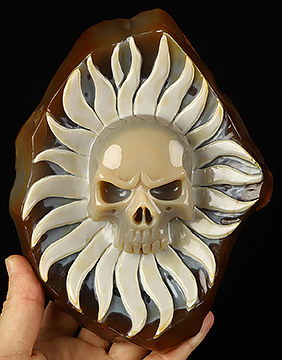 Powerful Energy! 7.2" Agate Hand Carved Crystal Skull Fine Art Sculpture, Crystal Healing