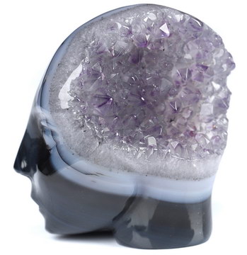 1.7" Agate Amethyst Geode Star Being Female Alien Crystal Skull Companion, Hand Carved Gemstone Fine Art Sculpture, Reiki Healing Stone Statue