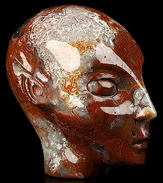 Gemstone 4.1" Red Crazy Lace Agate Hand Carved Fairy Elf Alien Crystal Skull Companion Sculpture, Crystal Healing