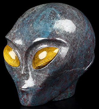 4.1" Ruby kyanite Star Being Female Alien Crystal Skull Companion With Gold Tiger's Eye Eyes, Hand Carved Gemstone Fine Art Sculpture, Reiki Healing Stone Statue