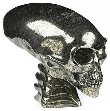 3.7" Pyrite Hand Carved Crystal Elongated Mayan Alien Skull with Spine Sculpture, Crystal Healing