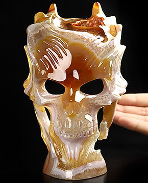 6.5" Premium Brazilian Agate Hand Carved Countenance Crystal Skull Mask Sculpture, Crystal Healing