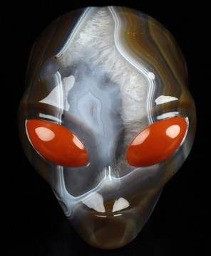 4.1" Premium Brazilian Agate Star Being Female Alien Crystal Skull Companion With Red Jasper Eyes, Hand Carved Gemstone Fine Art Sculpture, Reiki Healing Stone Statue