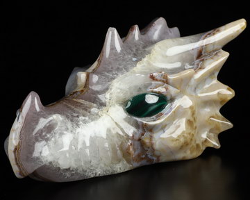 5.9" Premium Brazilian Agate Hand Carved Crystal Dragon Skull with Malachite Eyes Sculpture, Crystal Healing