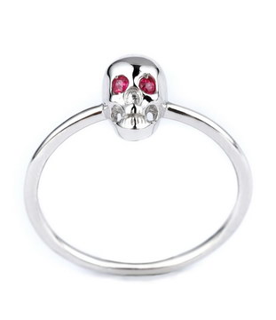 US Size #7.5 Silver Crystal Skull Ring and Garnet Eyes, Skull Jewelry