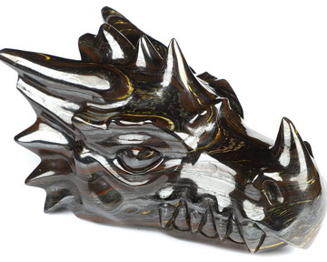 5.7" Colorful Tiger Iron Eye Hand Carved Crystal Dragon Skull Sculpture, Crystal Healing