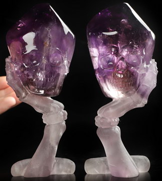 A couple of 5.6" Amethyst Hand Carved Crystal Skull and Hand Bone Fine Art Sculpture, Crystal Healing