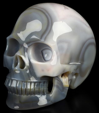 4.5" Gray & White Agate Hand Carved Crystal Skull, Realistic, Crystal Healing
