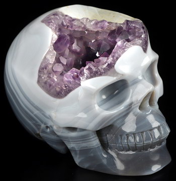 3.7" Agate Amethyst Geode Hand Carved Crystal Skull, Realistic, Crystal Healing