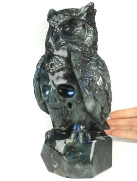 7.8" Labradorite Hand Carved Crystal Skull and Owl Fine Art Sculpture, Crystal Healing